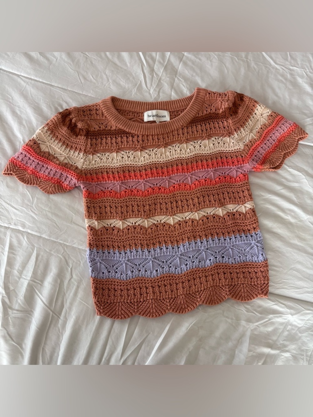 Heartloom Striped Crochet Knit Top in Rust & Pastels XS